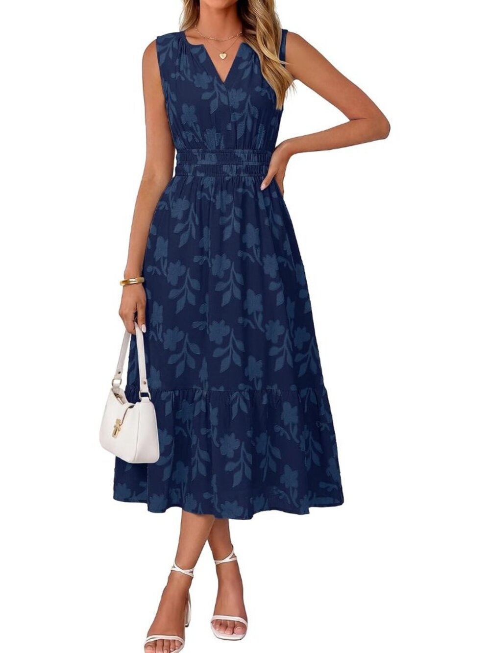 Women's Navy Blue Sleeveless V Neck A LINE Floral Casual Imported Maxi Dress
